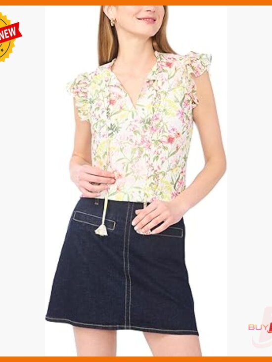 Tops - Flutter Sleeve Split Neck Blouse Fully Lined Regular Fit Polyester